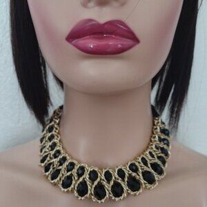 Rows Black Artificial Crystal Braided Necklace Luxury Style Statement Jewelry